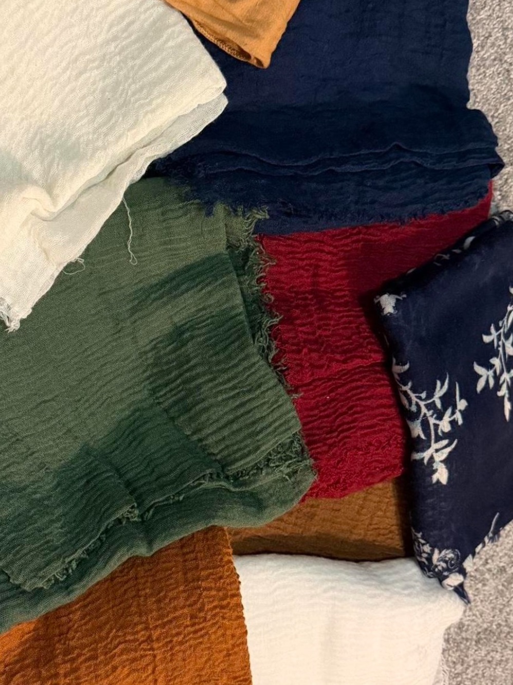 Assorted Gauzy Scarves Bundle in Cream, Olive, Navy, Burgundy, Mustard